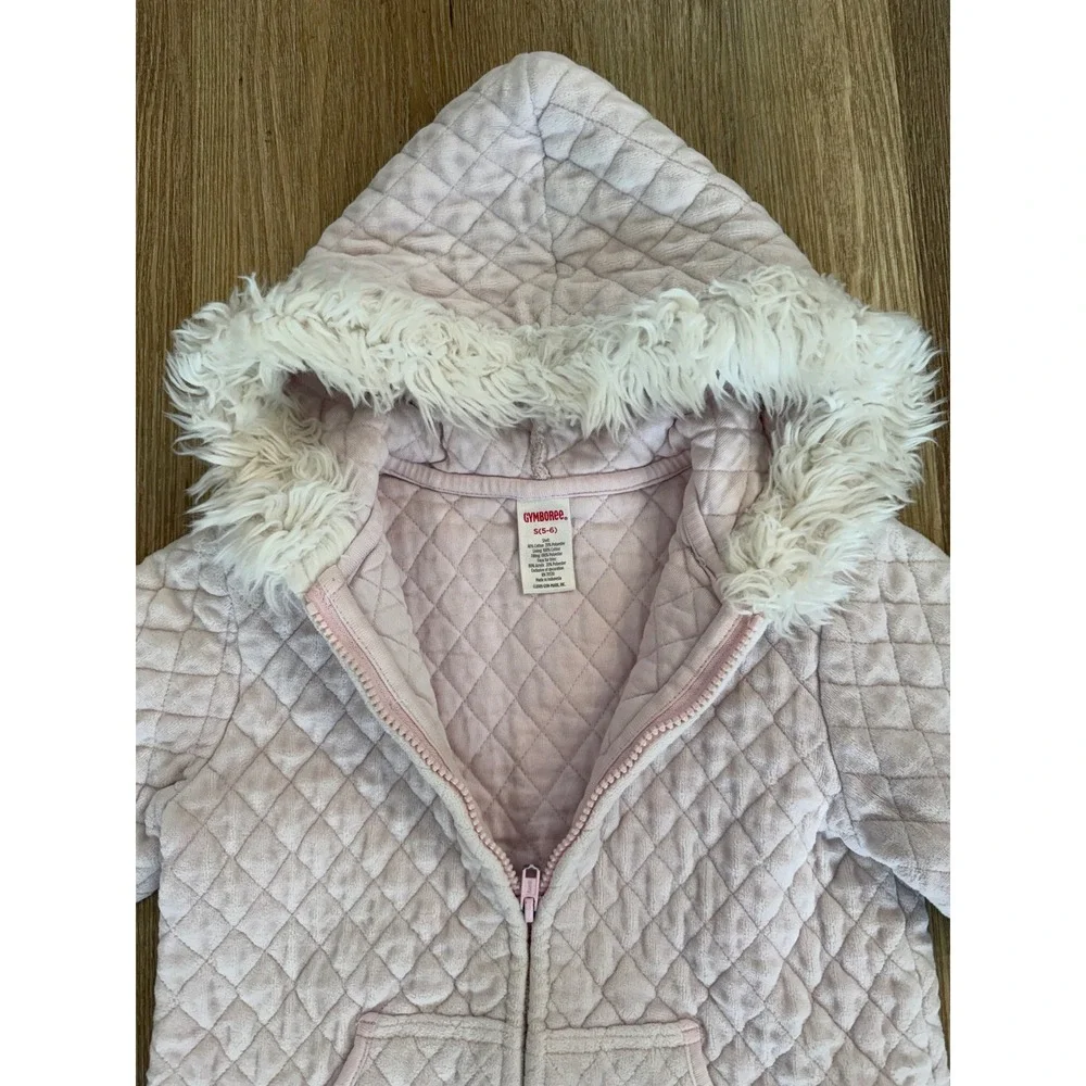 Gymboree Quilted Faux Fur Trim Zip Hoodie Kids Size S 5-6 Pink Hooded Jacket